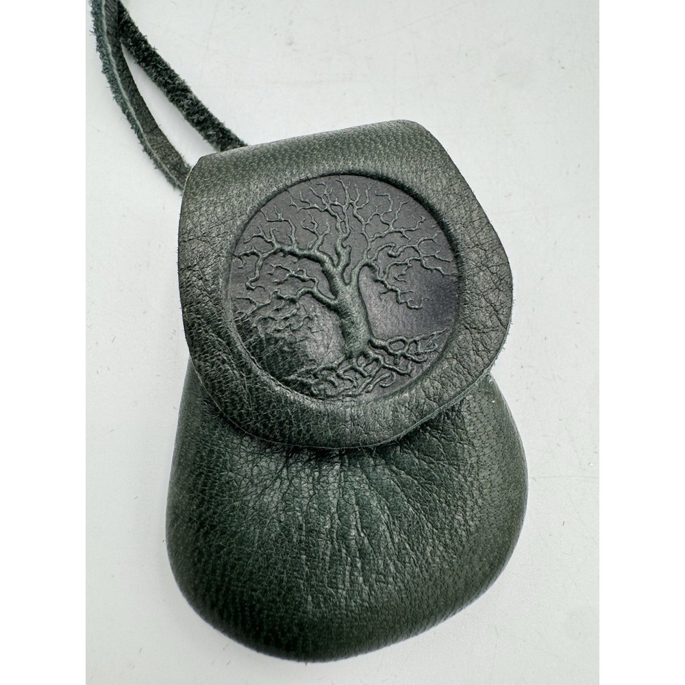 Green Embossed Leather Tree Of Life Necklace Pouch Or Medicine Bag
